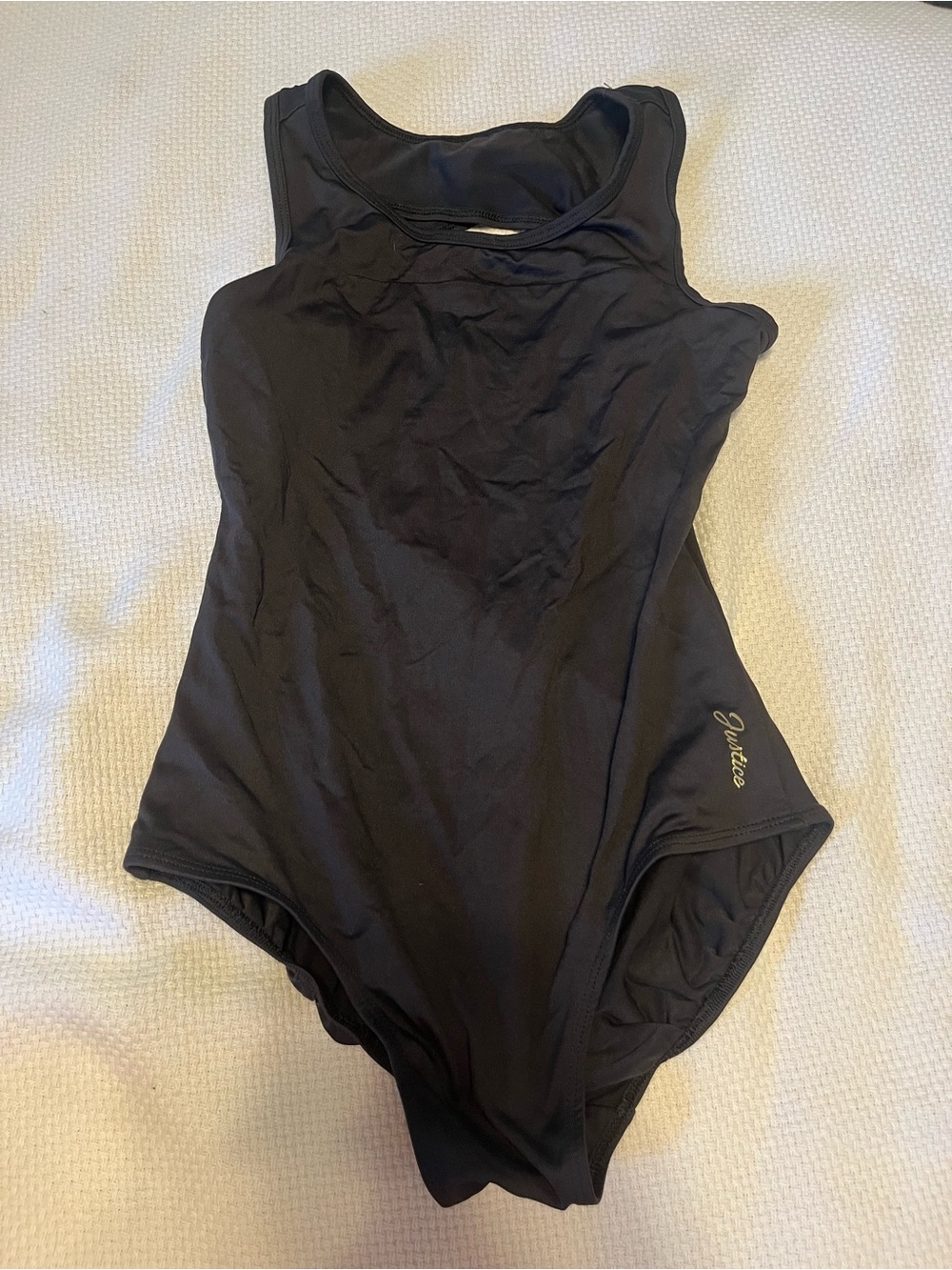 Justice Black One-Piece Swimsuit with Gold Script Logo